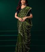 Green thread work net party wear saree with velvet blouse