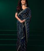 Blue thread work net party wear saree with velvet blouse