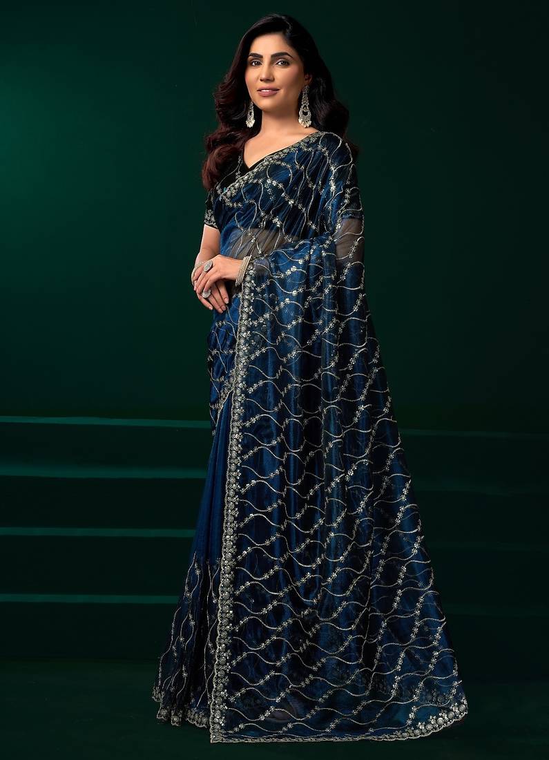 Blue thread work net party wear saree with velvet blouse