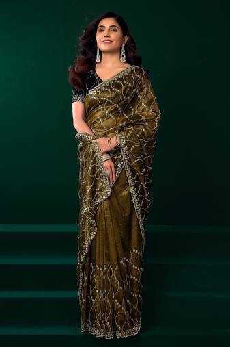 Green thread work net party wear saree with velvet blouse