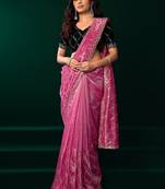 Pink thread work net party wear saree with velvet blouse