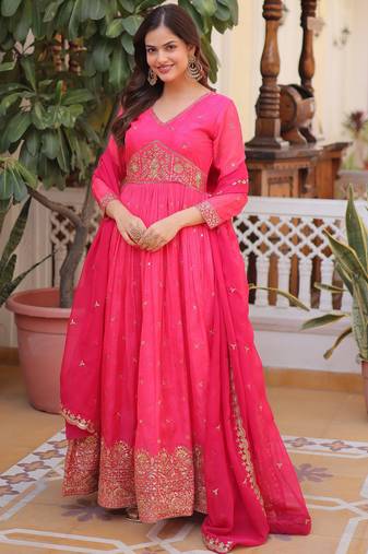 Pink digital printed russian silk embroidered gown with dupatta – zari & sequins work festive wear