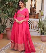 Pink digital printed russian silk embroidered gown with dupatta – zari & sequins work festive wear