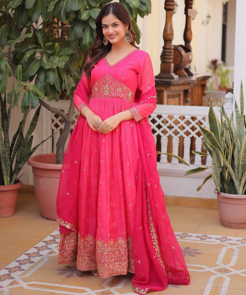 Pink digital printed russian silk embroidered gown with dupatta – zari & sequins work festive wear