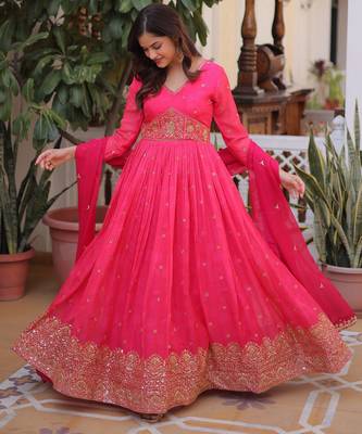Pink digital printed russian silk embroidered gown with dupatta zari & sequins work festive wear 3