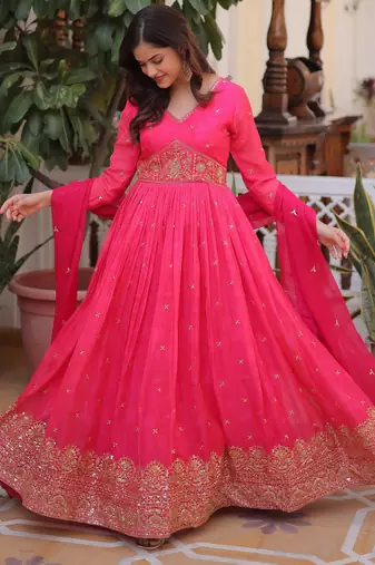 Pink digital printed russian silk embroidered gown with dupatta zari & sequins work festive wear