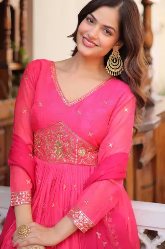 Pink digital printed russian silk embroidered gown with dupatta zari & sequins work festive wear