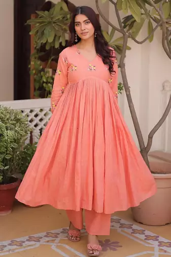 Peach cotton embroidered summer kurta sets