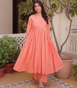 Peach cotton embroidered summer kurta sets