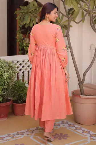 Peach cotton embroidered summer kurta sets