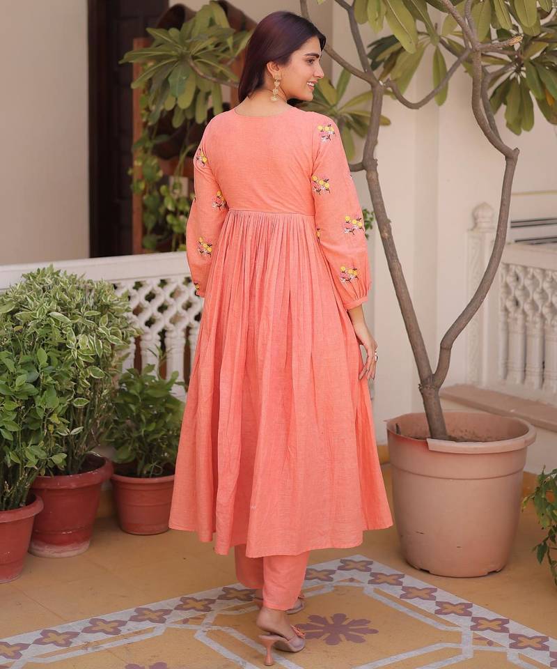 Peach cotton embroidered summer kurta sets