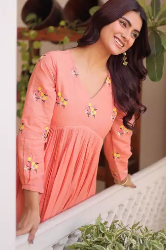 Peach cotton embroidered summer kurta sets