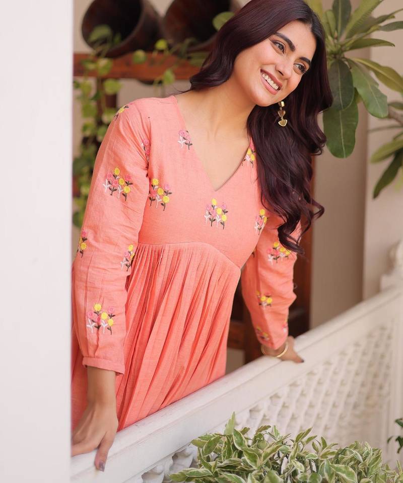 Peach cotton embroidered summer kurta sets