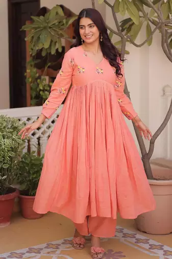Peach cotton embroidered summer kurta sets