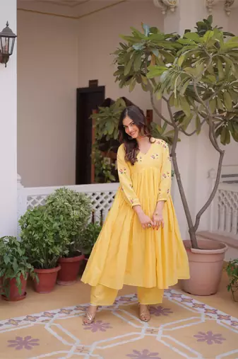 Yellow cotton embroidered summer kurta sets