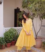 Yellow cotton embroidered summer kurta sets