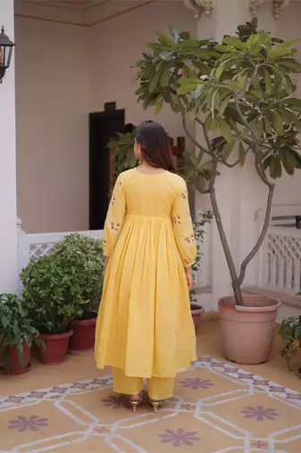Yellow cotton embroidered summer kurta sets