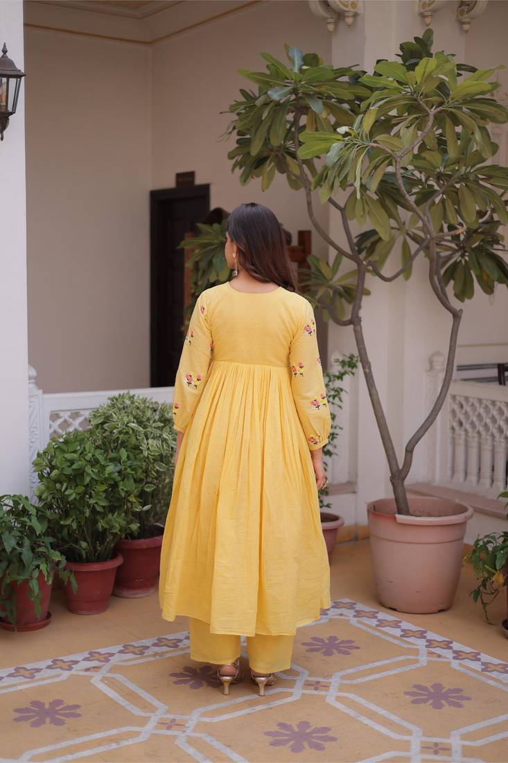 Yellow cotton embroidered summer kurta sets