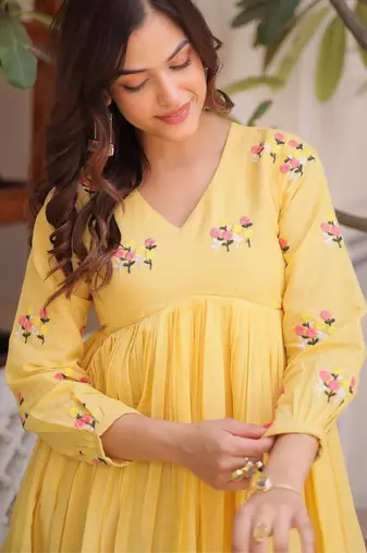 Yellow cotton embroidered summer kurta sets