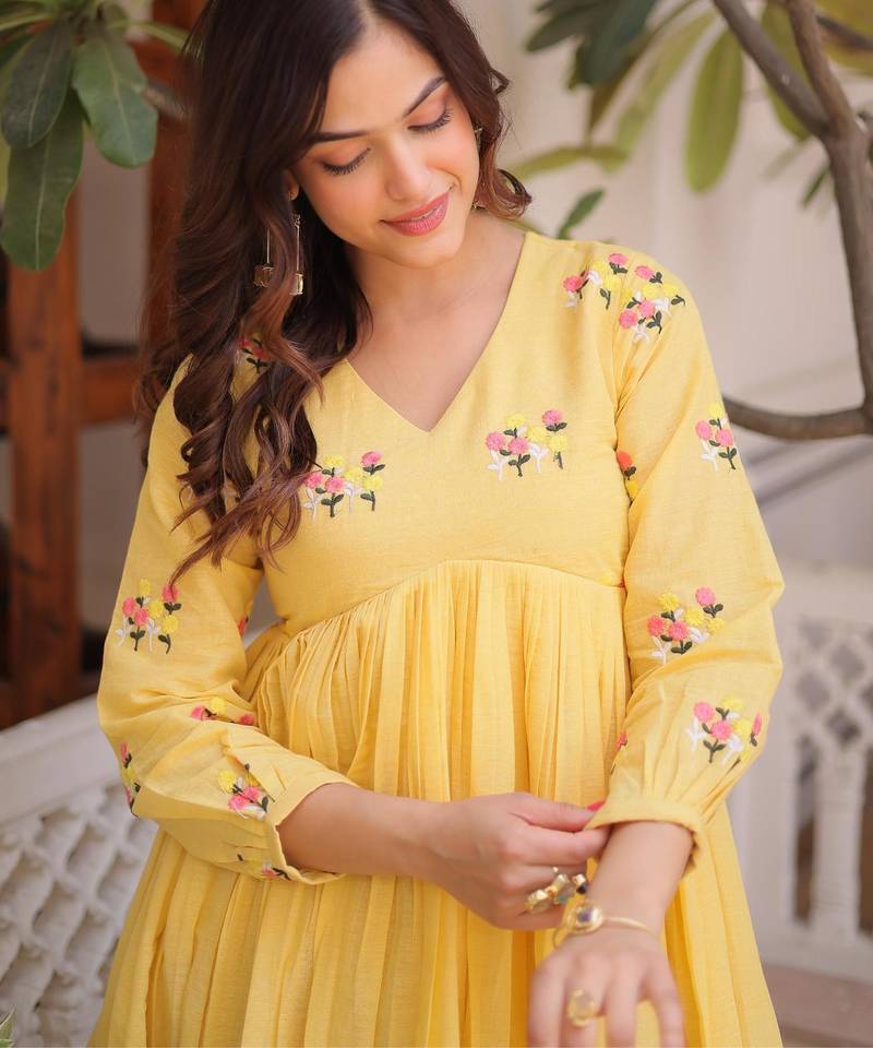 Yellow cotton embroidered summer kurta sets