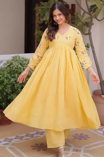 Yellow cotton embroidered summer kurta sets