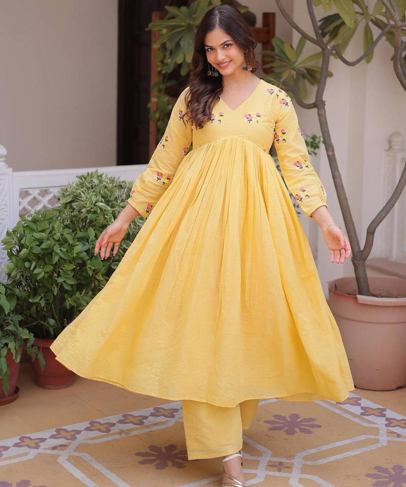 Yellow cotton embroidered summer kurta sets