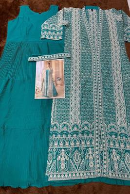 teal embroidered long jacket style gown set 2