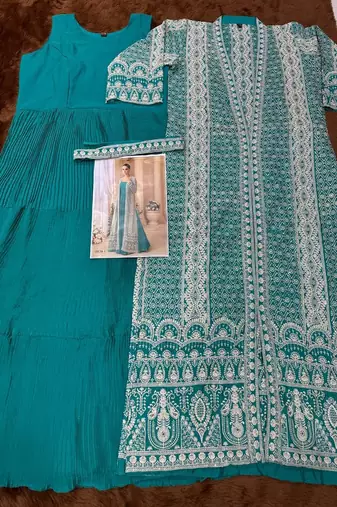 teal embroidered long jacket style gown set