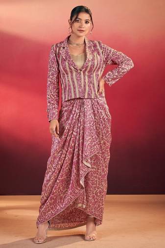 Pink tasar silk printed co-ord set with blouse & chic layer     designer ethnic 3 piece outfit