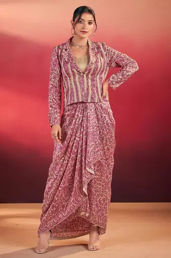 Pink tasar silk printed co-ord set with blouse & chic layer     designer ethnic 3 piece outfit