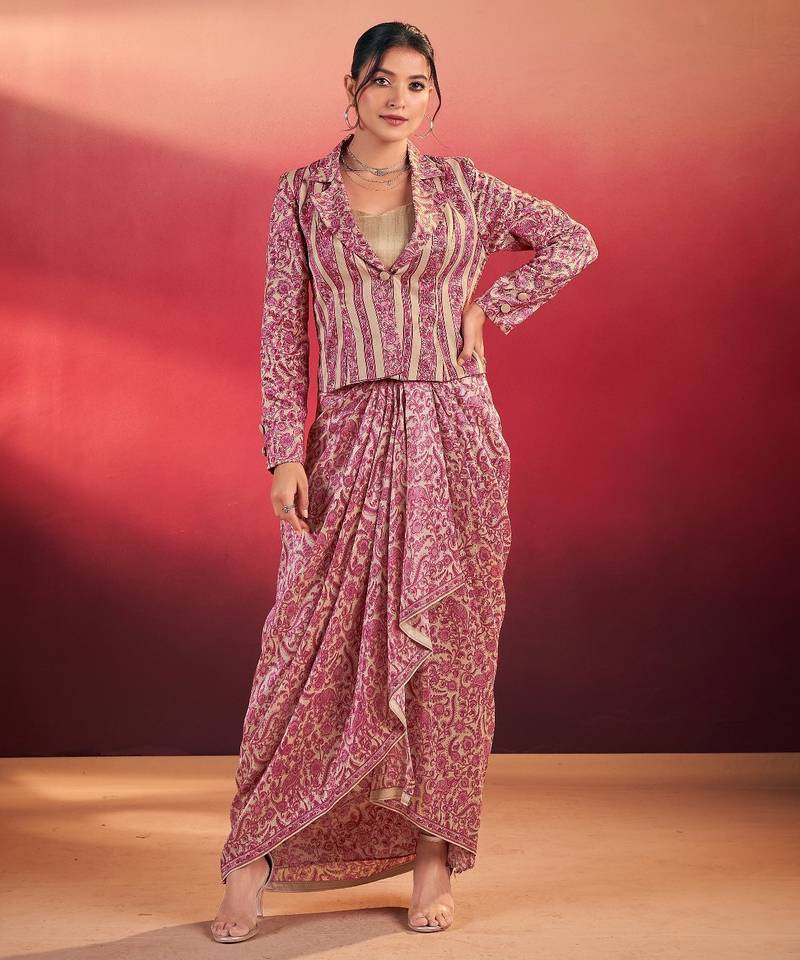Pink tasar silk printed co-ord set with blouse & chic layer     designer ethnic 3 piece outfit
