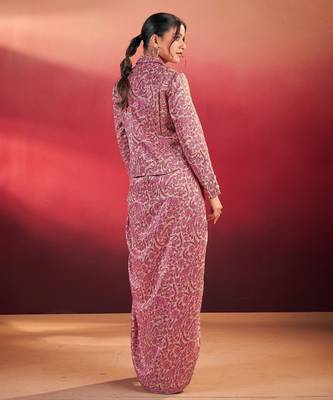 pink tussar silk printed co-ord set with jacket 2