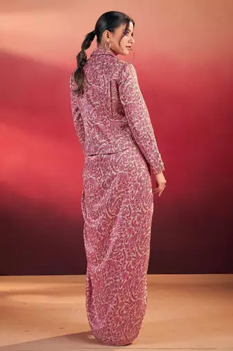 pink tussar silk printed co-ord set with jacket