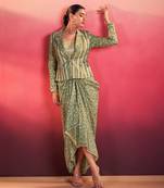 Green tasar silk printed co-ord set with blouse & chic layer – designer ethnic 3 piece outfit