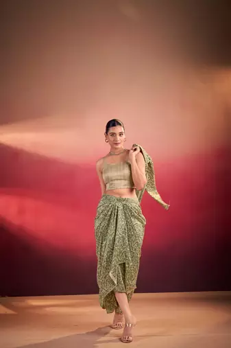 green tussar silk printed co-ord set with jacket