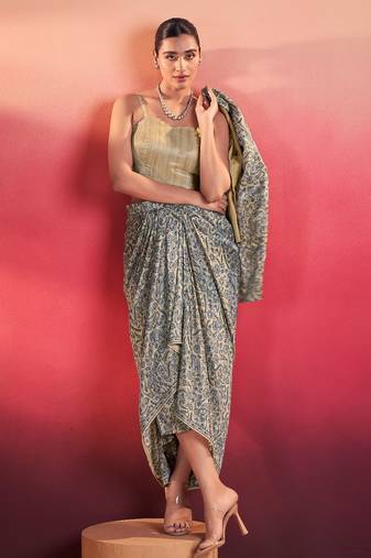 Blue tasar silk printed co-ord set with blouse & chic layer     designer ethnic 3 piece outfit