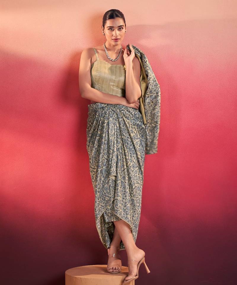 Blue tasar silk printed co-ord set with blouse & chic layer     designer ethnic 3 piece outfit