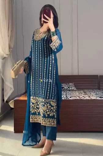 Navy-blue embroidered straight suit