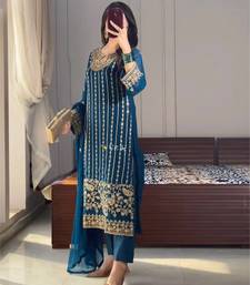 Navy-blue embroidered straight suit