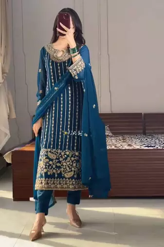 Navy-blue embroidered straight suit