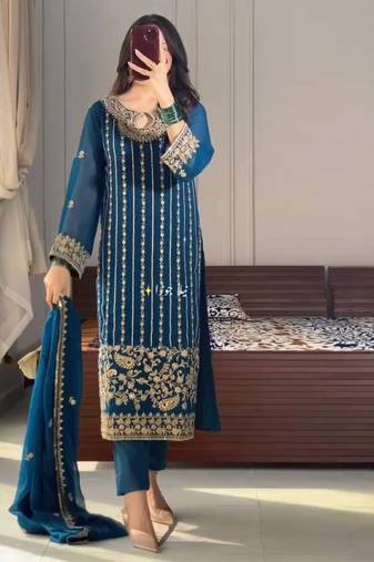 Navy-blue embroidered straight suit