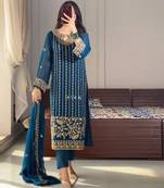 Navy-blue embroidered straight suit