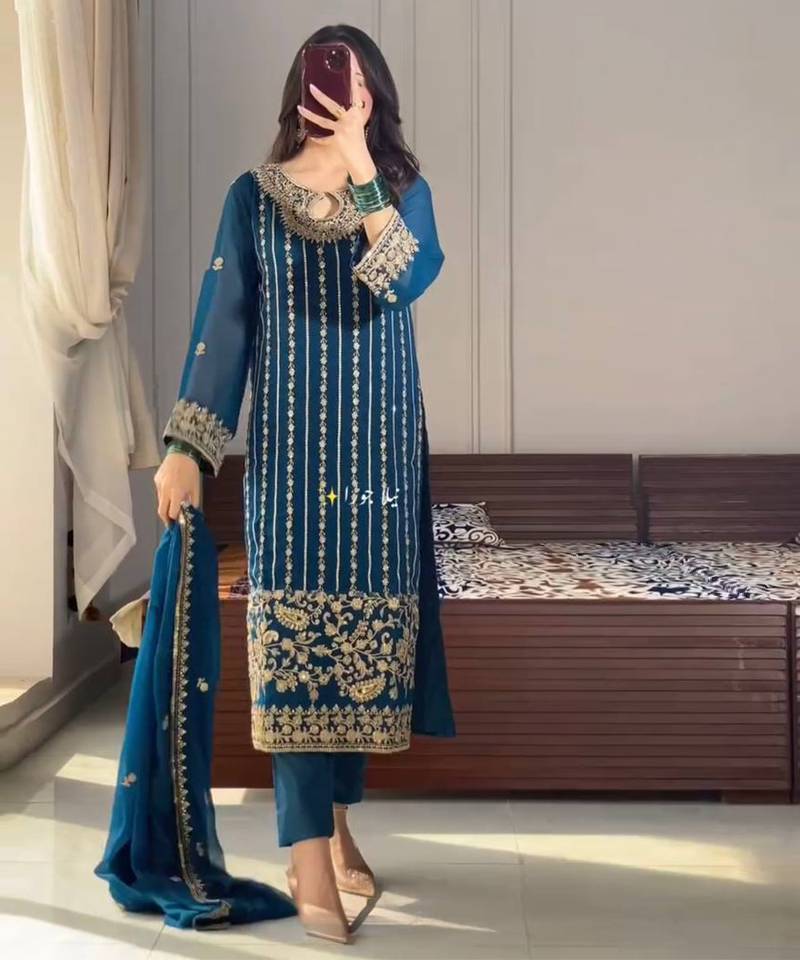 Navy-blue embroidered straight suit