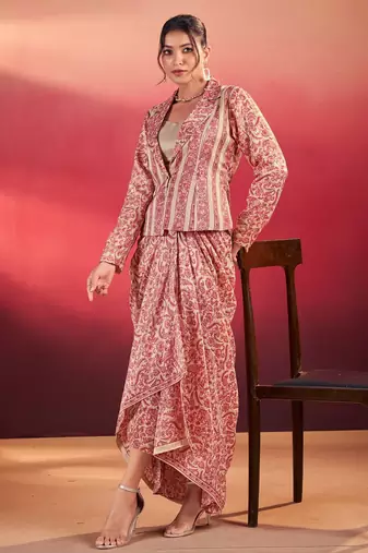 Light pink tasar silk printed co-ord set with blouse & chic layer     designer ethnic 3 piece outfit