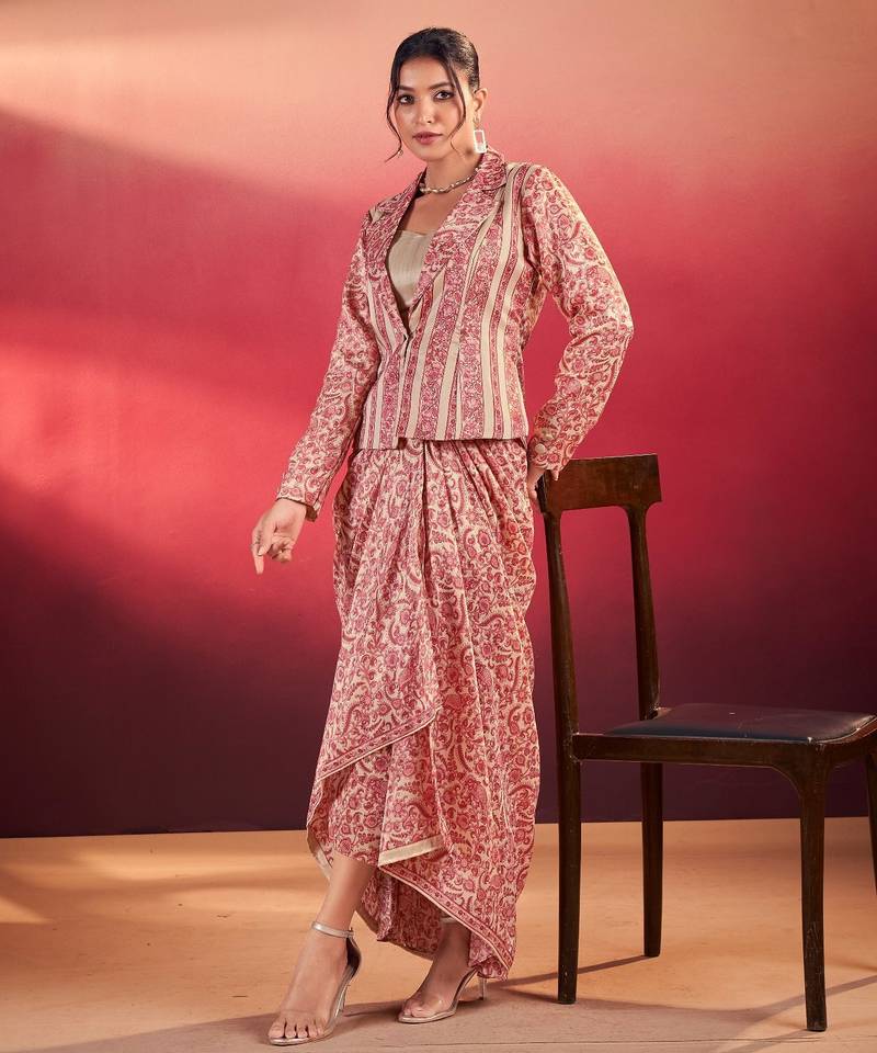 Light pink tasar silk printed co-ord set with blouse & chic layer     designer ethnic 3 piece outfit