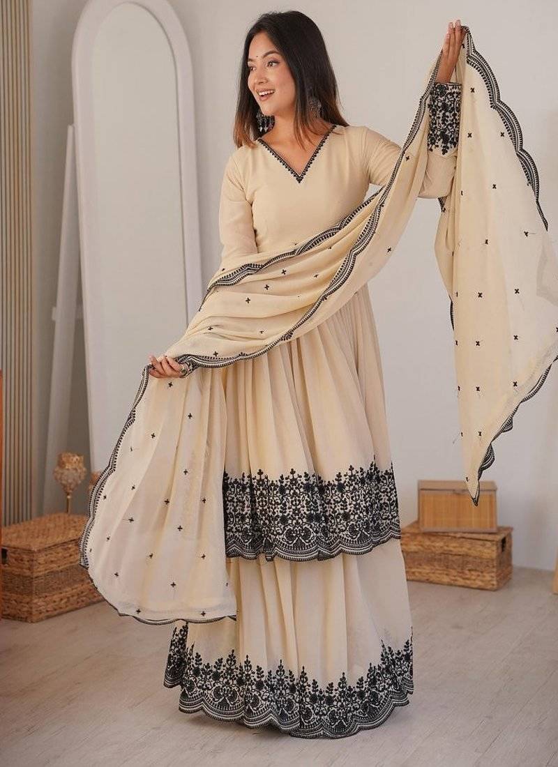 Beige embroidered palazzo set
