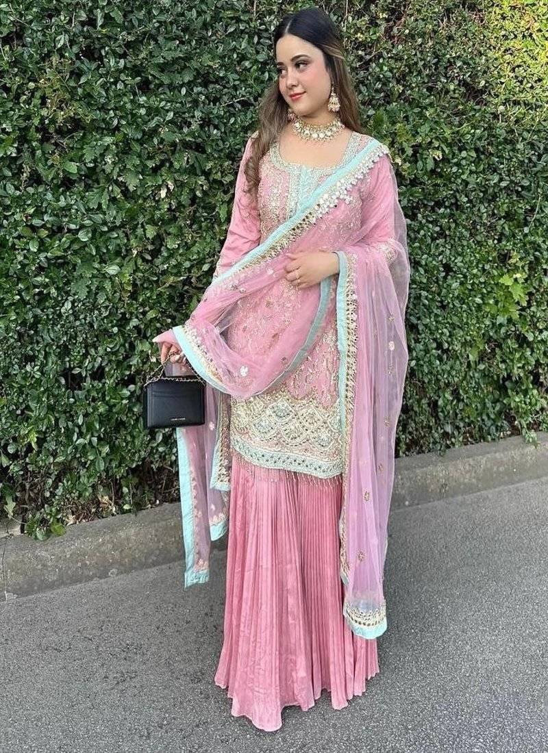 Light rose embroidered sharara suit