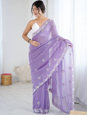 light purple chiffon crush saree with ultra satin blouse  sequins moti & cut dana work party wear saree 1