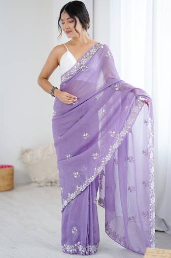 light purple chiffon crush saree with ultra satin blouse – sequins, moti & cut dana work designer party wear saree