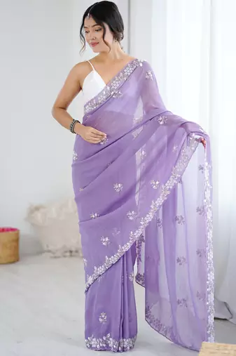 light purple chiffon crush saree with ultra satin blouse     sequins, moti & cut dana work designer party wear saree